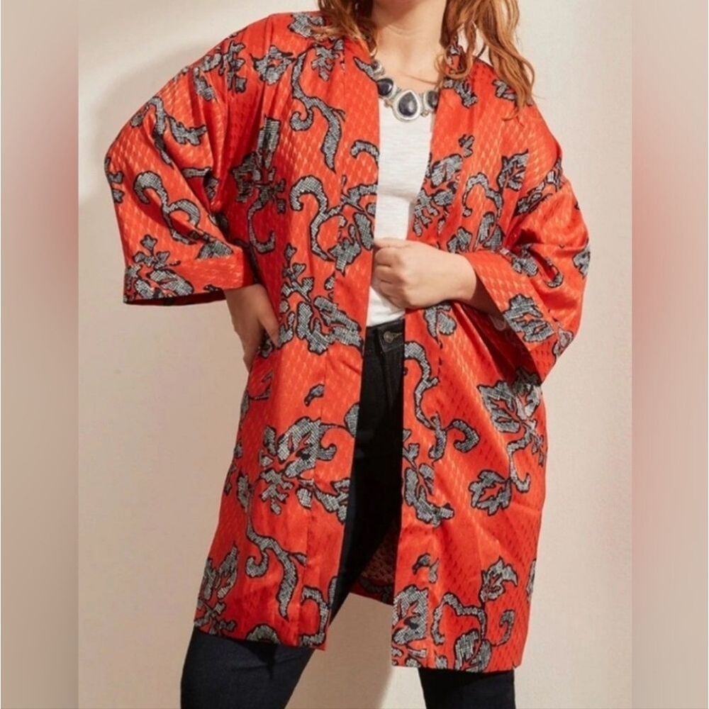 Chico's Satin‎ Kimono Jacket M 8 /10 Island Resort Vacation Boho Chic Asian